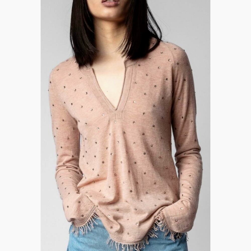 Zadig & Voltaire Riviera Rhinestone Cashmere Sweater Blush Size M - Picture 2 of 16